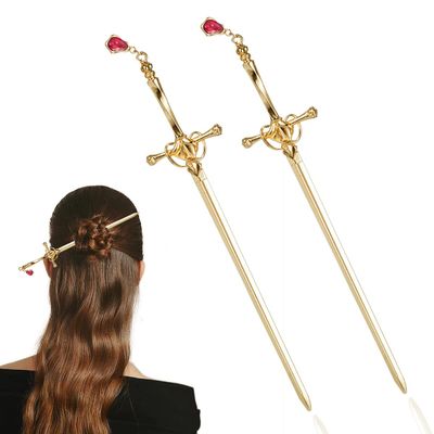2 PACK Chinese Sword Tassel Hair Accessories Sticks for Women Buns with Hair Gems Sword (Gold)
