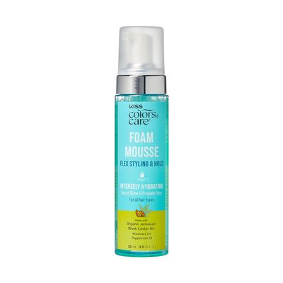 KISS COLORS & CARE Foaming Mousse - Define Curls & Hold Styles, Scalp Soothing, Moisture Boosting - Organic Jamaican Black Castor Oil, Peppermint Oil & Biotin - No Sulfates or Parabens