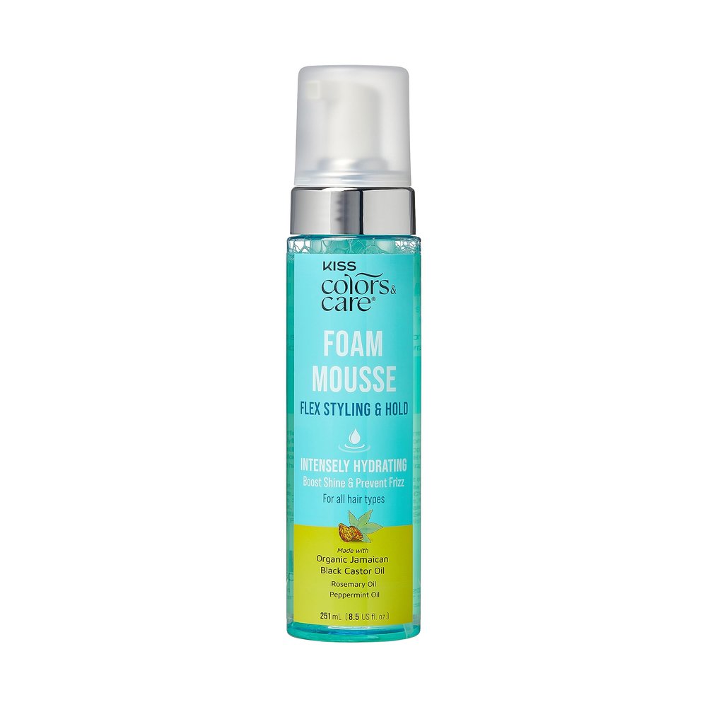 KISS COLORS & CARE Foaming Mousse - Define Curls & Hold Styles, Scalp Soothing, Moisture Boosting - Organic Jamaican Black Castor Oil, Peppermint Oil & Biotin - No Sulfates or Parabens