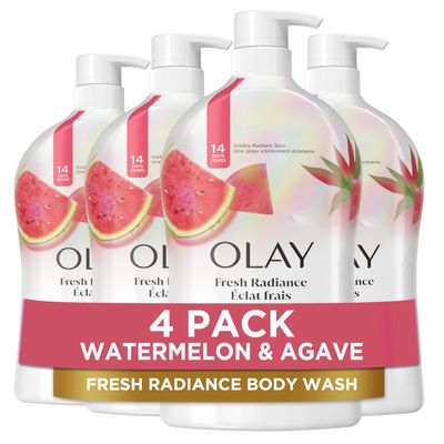 Olay Body Wash for Women, Fresh Radiance, Refreshing & Renewing, Made with Plant Based Cleansers, B3 Botanical Complex, For All Skin Types, Watermelon & Agave Scent, 33 fl oz (Pack of 4)