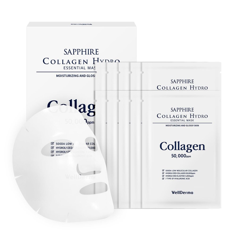 WELLDERMA Sapphire Collagen Hydro Essential Mask, 10 Sheets  Moisturizing & Soothing Sheet Mask with Collagen & Ceramide, 1.01 fl.oz (30mL) x 10ea