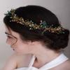 Chargances Wedding Crystal Beaded Hair Vine Comb Bridal Long Pearl Leaf Hair Vine Comb Green Rhinetone Handmade Headpiece Hair Accessories for Wedding Prom Flower Girl (Green-gold) view 1