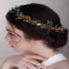 Chargances Wedding Crystal Beaded Hair Vine Comb Bridal Long Pearl Leaf Hair Vine Comb Green Rhinetone Handmade Headpiece Hair Accessories for Wedding Prom Flower Girl (Green-gold) view 2