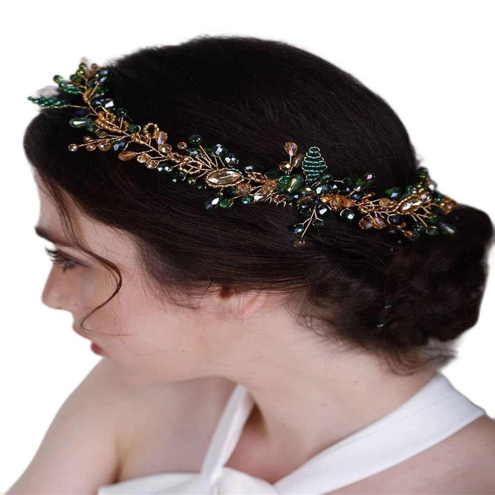 Chargances Wedding Crystal Beaded Hair Vine Comb Bridal Long Pearl Leaf Hair Vine Comb Green Rhinetone Handmade Headpiece Hair Accessories for Wedding Prom Flower Girl (Green)