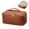 BAKLUCK Brown Checkered Cosmetic Bag - Large Capacity Travel Makeup Bag with Compartment - PU Leather - Portable for Women and Girls view 1