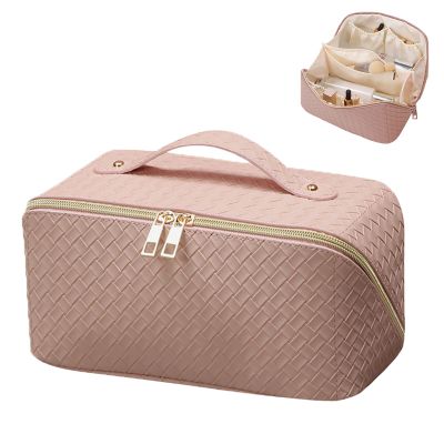 BAKLUCK Travel Cosmetic Bag with Compartments - Large Capacity, Lay Flat, Pink Checkered Pattern PU Leather Portable Makeup Bag for Women & Girls