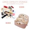 BAKLUCK Travel Cosmetic Bag with Compartments - Large Capacity, Lay Flat, Pink Checkered Pattern PU Leather Portable Makeup Bag for Women & Girls view 3