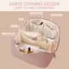 BAKLUCK Travel Cosmetic Bag with Compartments - Large Capacity, Lay Flat, Pink Checkered Pattern PU Leather Portable Makeup Bag for Women & Girls view 4