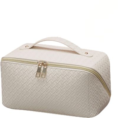 BAKLUCK Travel Large Capacity Cosmetic Bag with Compartment Waterproof PU Leather Makeup Bag for Women and Girl Travel Bathroom Portable Checkered Beige