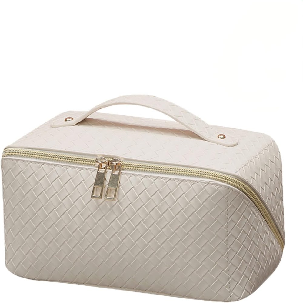 BAKLUCK Travel Large Capacity Cosmetic Bag with Compartment Waterproof PU Leather Makeup Bag for Women and Girl Travel Bathroom Portable Checkered Beige