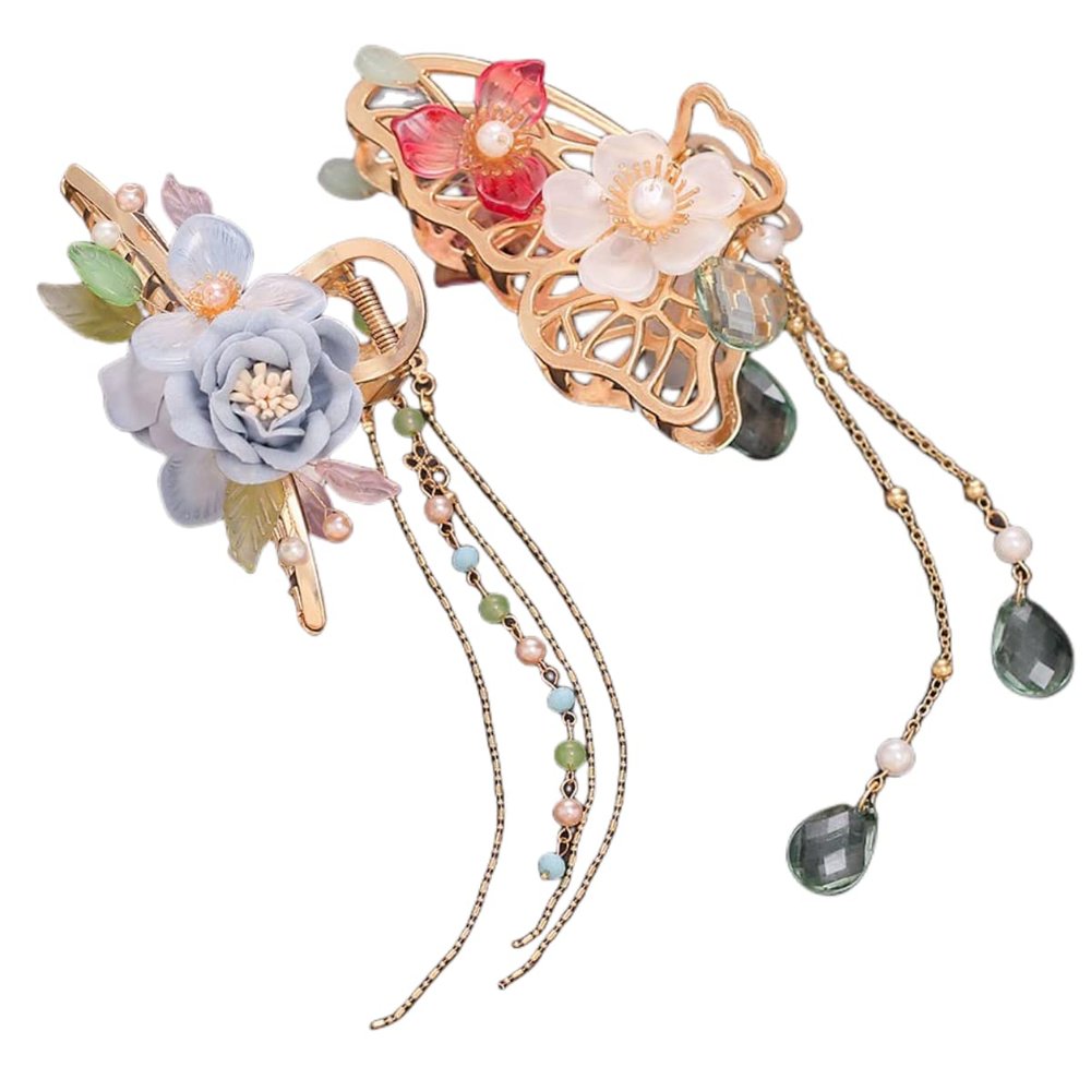 2 Pieces Retro Flower Butterfly Pearl Tassel Hair Clip Chinese Style Hanfu Hair Claw for Women Girls Barrettee Headwear (C)