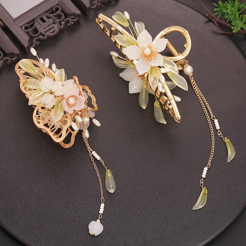 2 Pieces Retro Flower Butterfly Pearl Tassel Hair Clip Chinese Style Hanfu Hair Claw for Women Girls Barrettee Headwear (A)