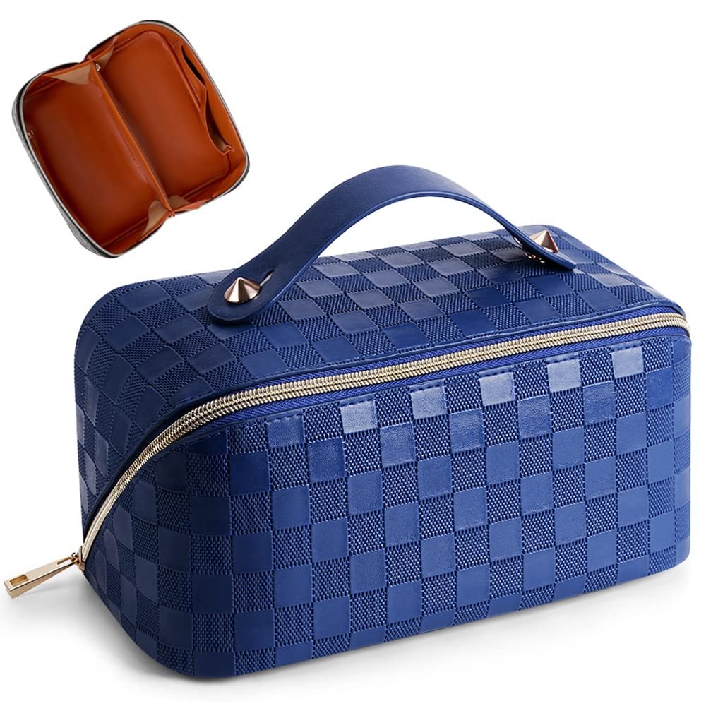 Cessfle Large Capacity Travel Cosmetic Bag Plaid Checkered Makeup Bag Portable Leather Waterproof Skincare Bag with Handle and Divider for Women 01-Blue