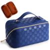 Cessfle Large Capacity Travel Cosmetic Bag Plaid Checkered Makeup Bag Portable Leather Waterproof Skincare Bag with Handle and Divider for Women 01-Blue view 1
