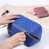 Cessfle Large Capacity Travel Cosmetic Bag Plaid Checkered Makeup Bag Portable Leather Waterproof Skincare Bag with Handle and Divider for Women 01-Blue view 3