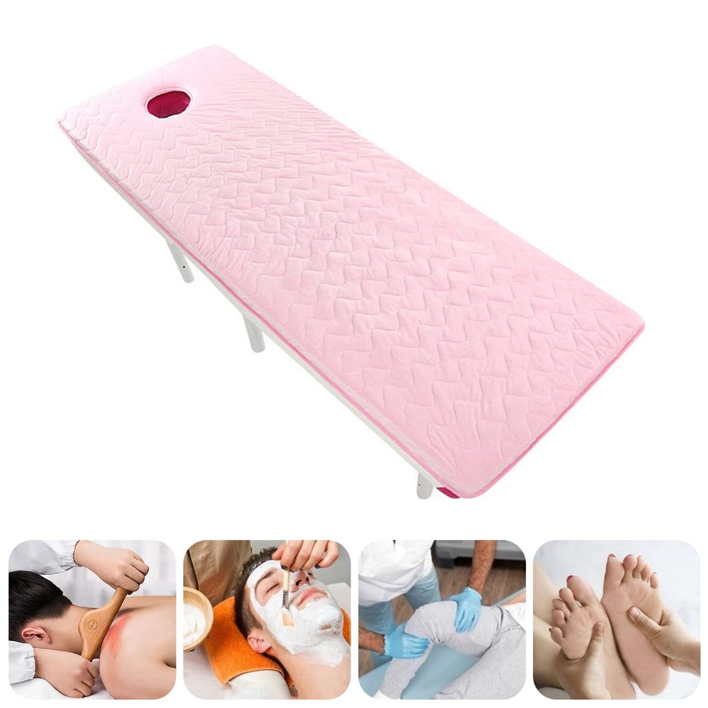 Non-Slip Beauty Salon Bed Sheets Massage Table Mattress with Face Breath Hole Plush Foldable Lash Bed Topper with Elastic Band Round Head Massage Accessories Table Pad,Pink 2.5cm,60x180cm