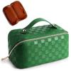 Cessfle Large Capacity Travel Cosmetic Bag Plaid Checkered Makeup Bag Portable Leather Waterproof Skincare Bag with Handle and Divider for Women 01-Green view 1