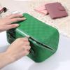 Cessfle Large Capacity Travel Cosmetic Bag Plaid Checkered Makeup Bag Portable Leather Waterproof Skincare Bag with Handle and Divider for Women 01-Green view 3