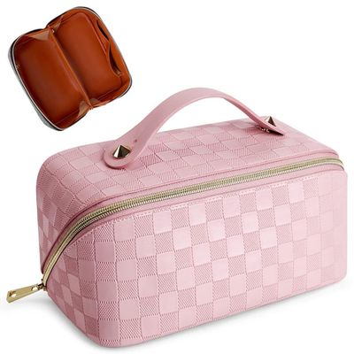 Cessfle Large Capacity Travel Cosmetic Bag Plaid Checkered Makeup Bag Portable Leather Waterproof Skincare Bag with Handle and Divider for Women 01-Pink