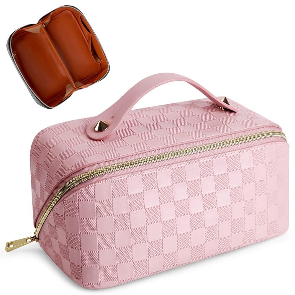 Cessfle Large Capacity Travel Cosmetic Bag Plaid Checkered Makeup Bag Portable Leather Waterproof Skincare Bag with Handle and Divider for Women 01-Pink