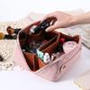 Cessfle Large Capacity Travel Cosmetic Bag Plaid Checkered Makeup Bag Portable Leather Waterproof Skincare Bag with Handle and Divider for Women 01-Pink view 2