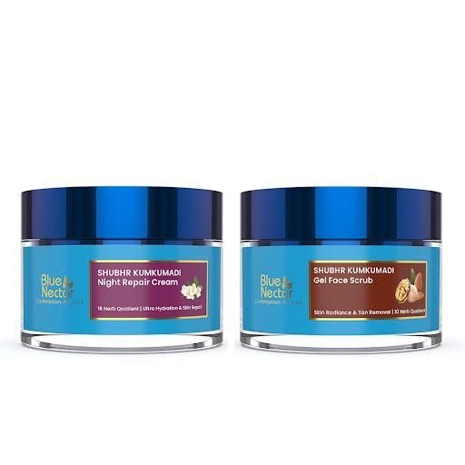 Blue Nectar Kumkumadi Night Cream with Jasmine for Glowing Skin for Women (1.7 Fl Oz) and Walnut Gel Scrub for Deep Exfoliation (1.7 Fl Oz)