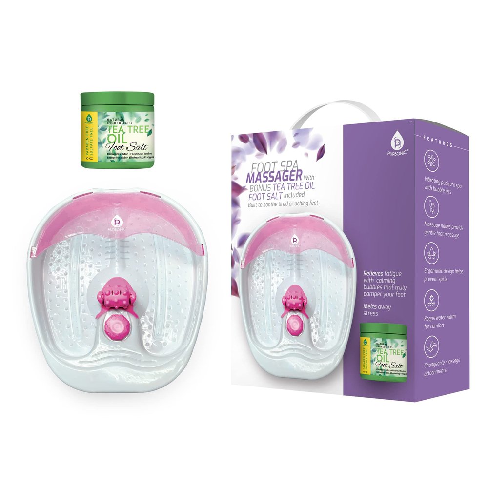 Pursonic Foot Spa Massager with Vibrating Bubbles & Tea Tree Oil Foot Salt Scrub with Epsom Salt 10oz Gift Set, Melts Away Stress and Revitalizes Tired Feet,Pink