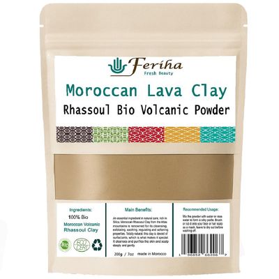 FERIHA Moroccan Rhassoul Bio Mineral Clay Powder Natural Face, Body & Hair Mask | Deep Cleansing, Revitalizes Skin & Enhances Elasticity | 200g / 7oz