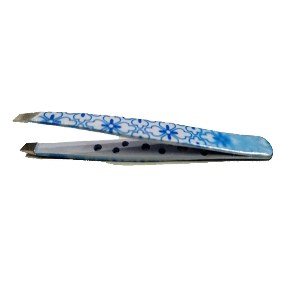 10 Pcs Blue Patterned Professional Slant Tip Tweezer
