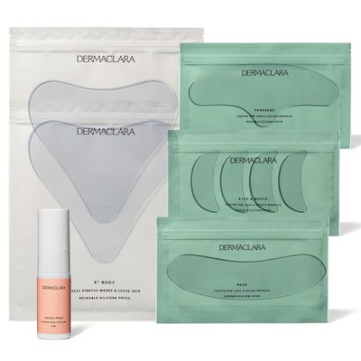 Dermaclara Silicone Patch Cheek to Cheek Kit - Anti Wrinkle Face Patches for Forehead, Smile Lines, Reusable Pads, Up to 30 Uses - 1 Forehead, 4 Eye & Mouth, 1 Neck, 2 Chest & 1 Patch Prep Cleanser