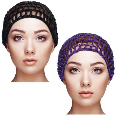 Geyoga 2 Pieces Mesh Crochet Hair Net Rayon Knit Snood Cap Cover Crocheted Shower Caps Sleep Hat for Women(Black, Purple)