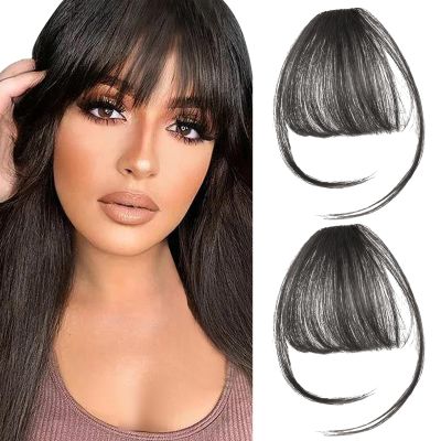 2PCS Clip in Bangs Real Human Hair,Fake Bangs Hair Clip on Bangs for Women,Curved Wispy Bangs with Temples Hairpieces,Bangs Clip in Hair Extensions Air Fringe for Girls Daily Wear - Natural Black