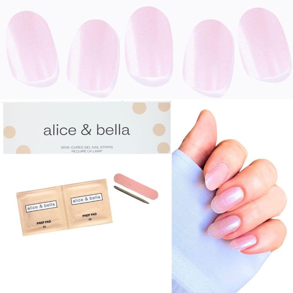 ALICE & BELLA Valentine's Day Semi-Cured Gel Nail Strips -20 PCS Shimmering Glazed Pink Gel Stickers, Use with UV Light Lamp, Salon Quality Manicure Nails Wraps (Glazed Rose)