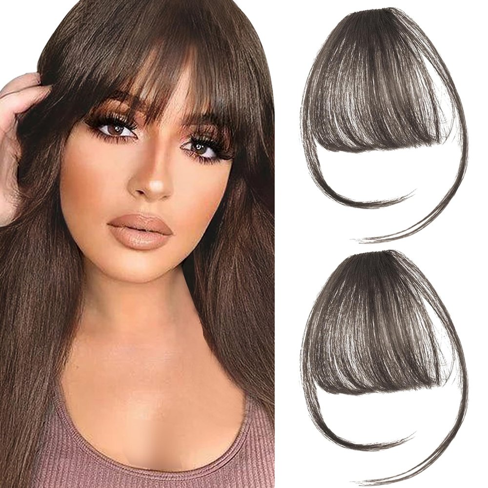 2PCS Clip in Bangs Real Human Hair,Fake Bangs Hair Clip on Bangs for Women,Curved Wispy Bangs with Temples Hairpieces,Bangs Clip in Hair Extensions Air Fringe for Girls Daily Wear - Brown Black