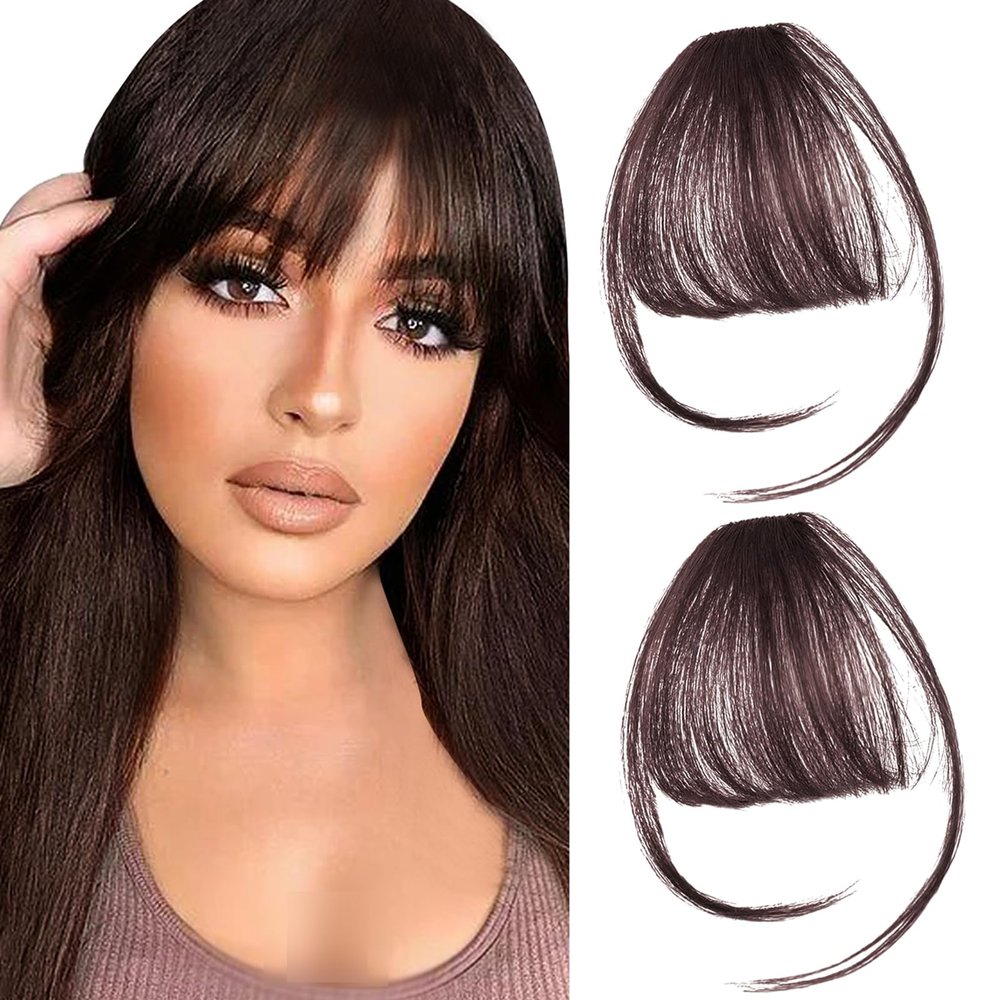 2PCS Clip in Bangs Real Human Hair,Fake Bangs Hair Clip on Bangs for Women,Curved Wispy Bangs with Temples Hairpieces,Bangs Clip in Hair Extensions Air Fringe for Girls Daily Wear - Dark Brown