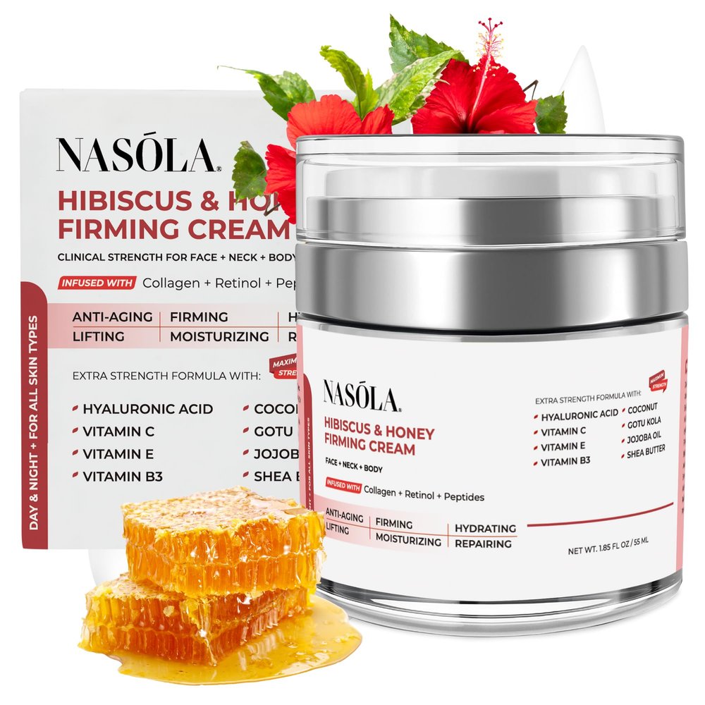 Nasola Hibiscus and Honey Firming Cream  Skin Tightening Moisturizer for Neck, Face & Body  Anti-Wrinkle with Collagen  1.85 oz / 55ml