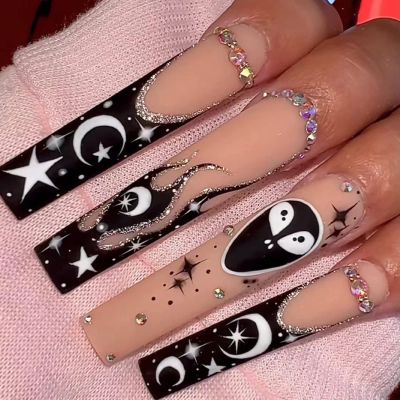 FRUJCDKI 24 Pcs Press on Nails Long Fake Nails Acrylic Ballet French White Illuminate Butterfly adhesive tape on Nails Design Nails for Women and Girls (Aliens)