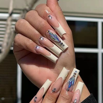 FRUJCDKI 24 Pcs Press on Nails Long Fake Nails Acrylic Ballet French White Illuminate Butterfly adhesive tape on Nails Design Nails for Women and Girls (White French)