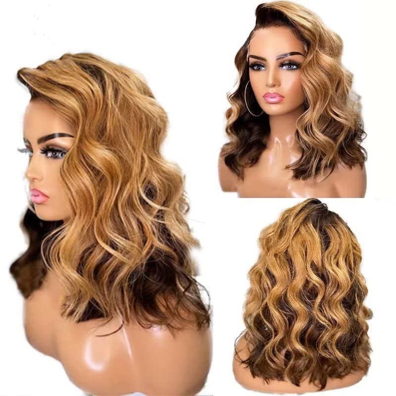 Jnymell Brown Honey Blonde Ombre Colored Wig Loose Wave 13X4 Lace Front Human Hair Highlight 4t27 Color HD Crystal Lace Pre Plucked Baby Hair Bleached Knots 150% Lace Closure Remy Wavy Hair Wig