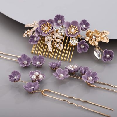 BERYUAN Rhinestone Flower Hair Pieces Bridal Purple Flower Hairpins Hair Comb Set for Bride Bridesmaid4pcs