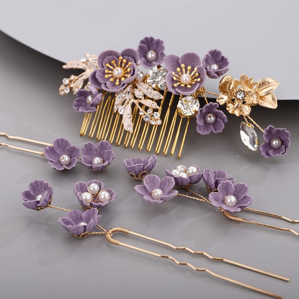 BERYUAN Rhinestone Flower Hair Pieces Bridal Purple Flower Hairpins Hair Comb Set for Bride Bridesmaid4pcs