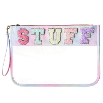 DYSHAYEN Chenille Letter Clear Zipper Pouch for Travel,Nylon Clear Cosmetic Bag,Makeup Travel Bag for Women Girls 11.8 Inches x 8.2 Inches (Colorful-Stuff)
