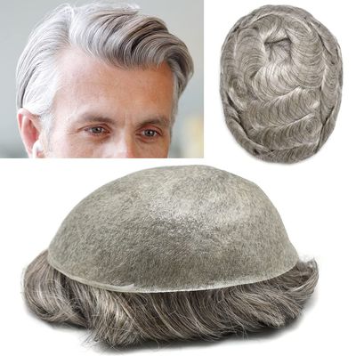 Hair Wonders Men Toupee European Real Human Hair Piece All V-looped 0.06mm Ultra Thin Skin Toupee for Men Hair Replacement System Protesis Capilar Hombre 8X10 380# DARK BROWN+80% Gray