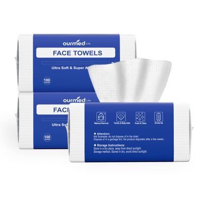 Ourmed Life Disposable Face Towel, 300 Count Ultra Soft, Biodegradable Makeup Remover Wipes for Sensitive Skin, Clean Skincare Towels,Lint- free and Gentle Facial Towels for Daily UseEF Texture