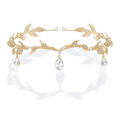 BABEYOND Crystal Leaf Wedding Diadem Headband Bridal Bridesmaid Forehead Band Rhinestone Bridal Tiara Crown with Gift Box, Gold, One size
