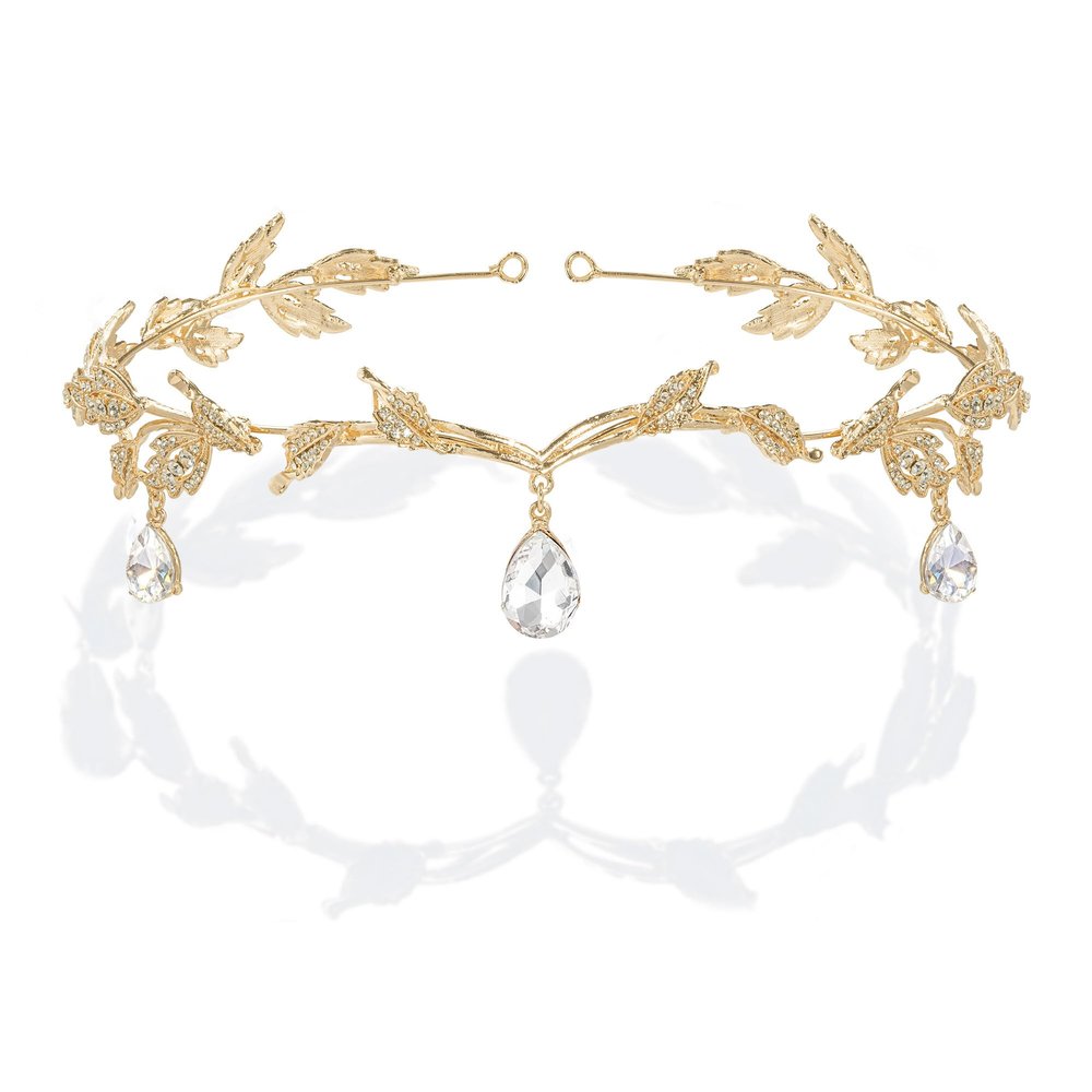BABEYOND Crystal Leaf Wedding Diadem Headband Bridal Bridesmaid Forehead Band Rhinestone Bridal Tiara Crown with Gift Box, Gold, One size