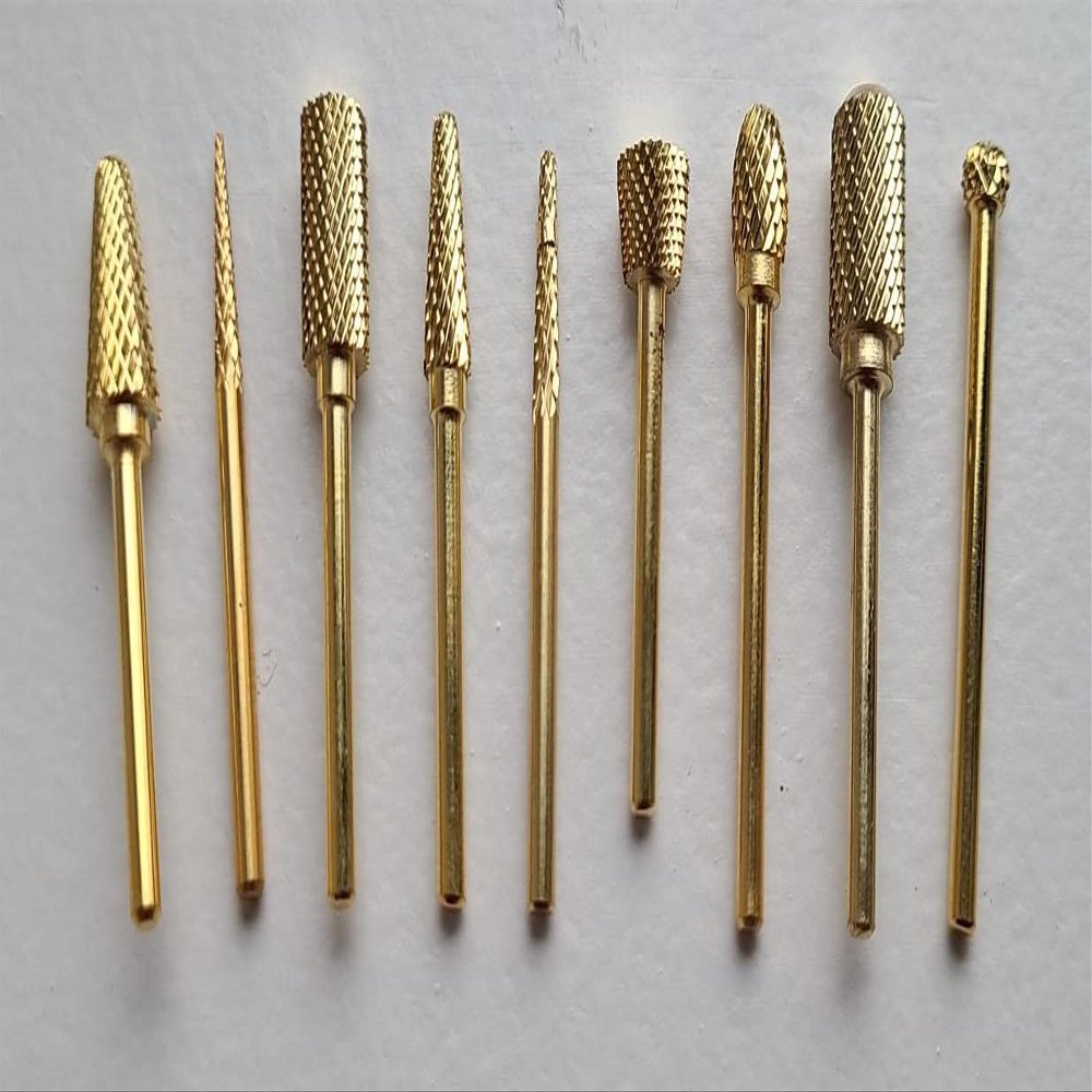 A+Elite Manicure Pedicure Acrylic Gel Nail Art Drill Bit Burr File 9-PIECE ASSORTMENT SET 3/32" Shaft Gold Tungsten Carbide