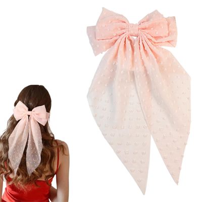 8in Hair Bows Barrettes for Women & Girls: Large Satin Bow Hair Clip with Long Tail - Elegant Hair Ribbon for French Stylish Looks -Chic Soft Cloth Oversized Bows Hair Accessories (Pink)