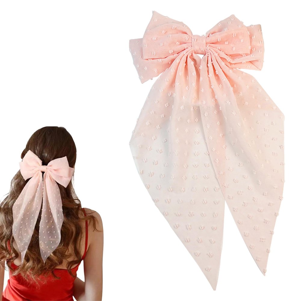 8in Hair Bows Barrettes for Women & Girls: Large Satin Bow Hair Clip with Long Tail - Elegant Hair Ribbon for French Stylish Looks -Chic Soft Cloth Oversized Bows Hair Accessories (Pink)