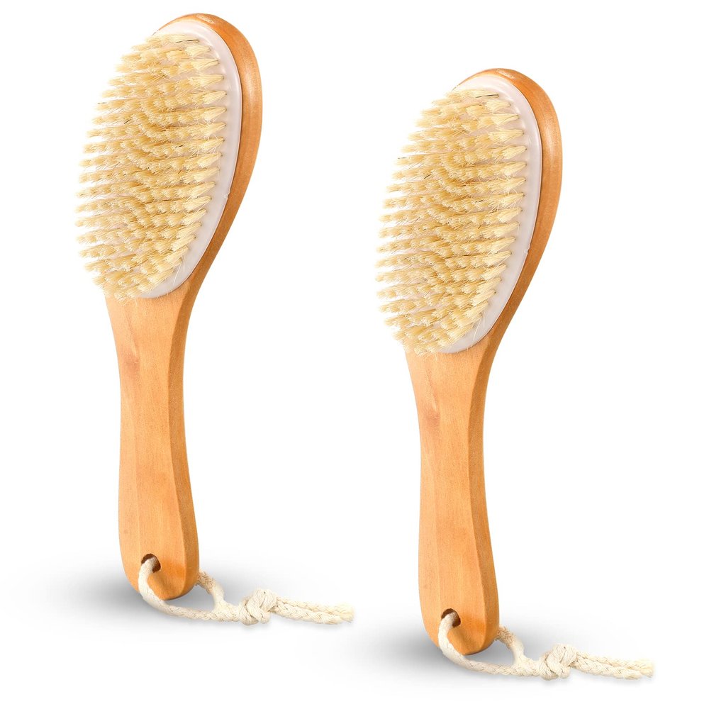Gerrii 2 Pcs Dry Brushing Body Brush Natural Boar Bristle with Contoured Wooden Handle for Back Legs Feet Exfoliates Dead Skin
